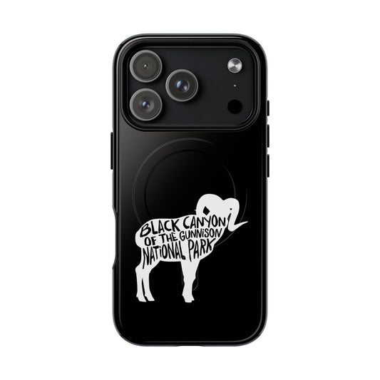 Black Canyon of the Gunnison National Park iPhone case with MagSafe featuring bighorn sheep artwork.