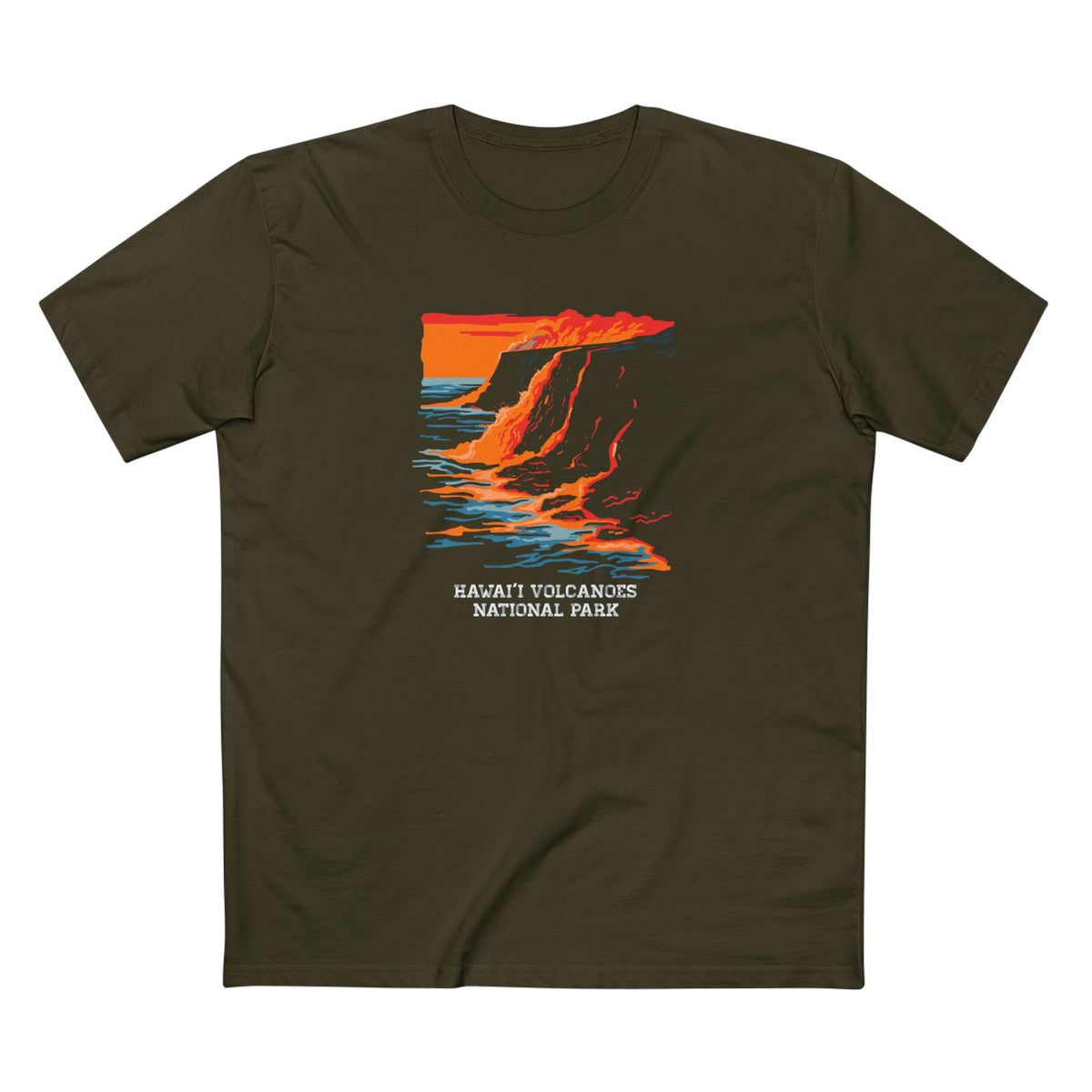Hawaii Volcanoes National Park T-Shirt - Sea Lava Illustration in Army