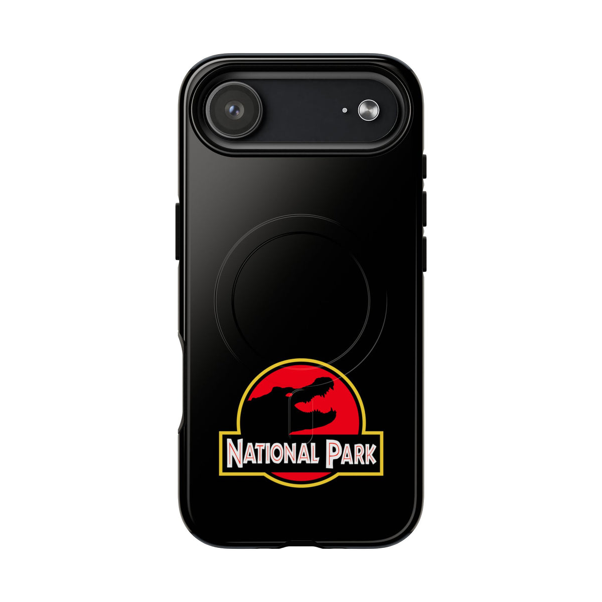 Everglades National Park magnetic iPhone 17 Air case with red and yellow parody logo on black background