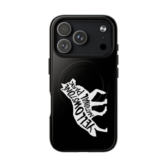Yellowstone National Park iPhone case with MagSafe featuring wolf artwork.
