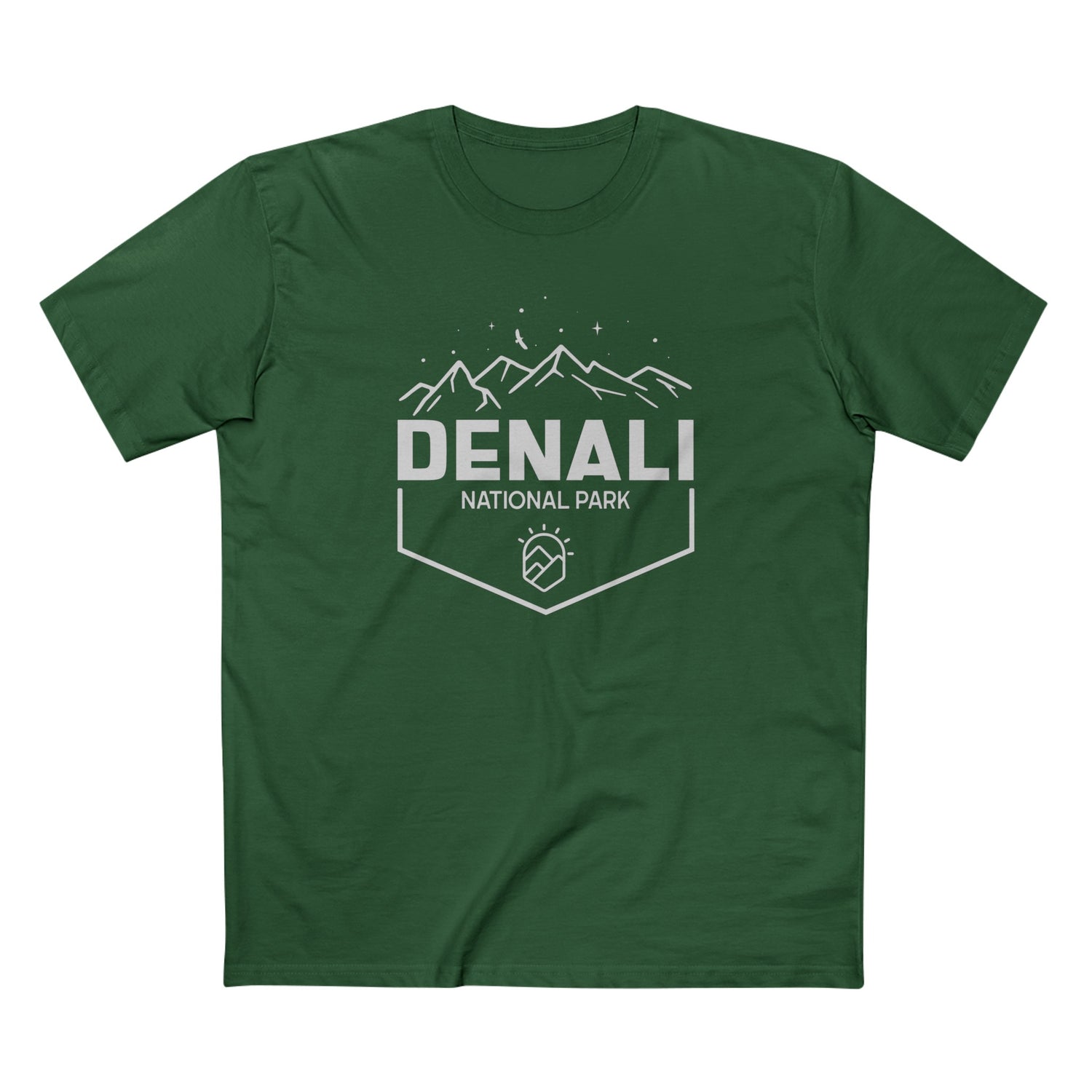 Green t-shirt with 'Denali National Park' text and mountain graphic design in white.