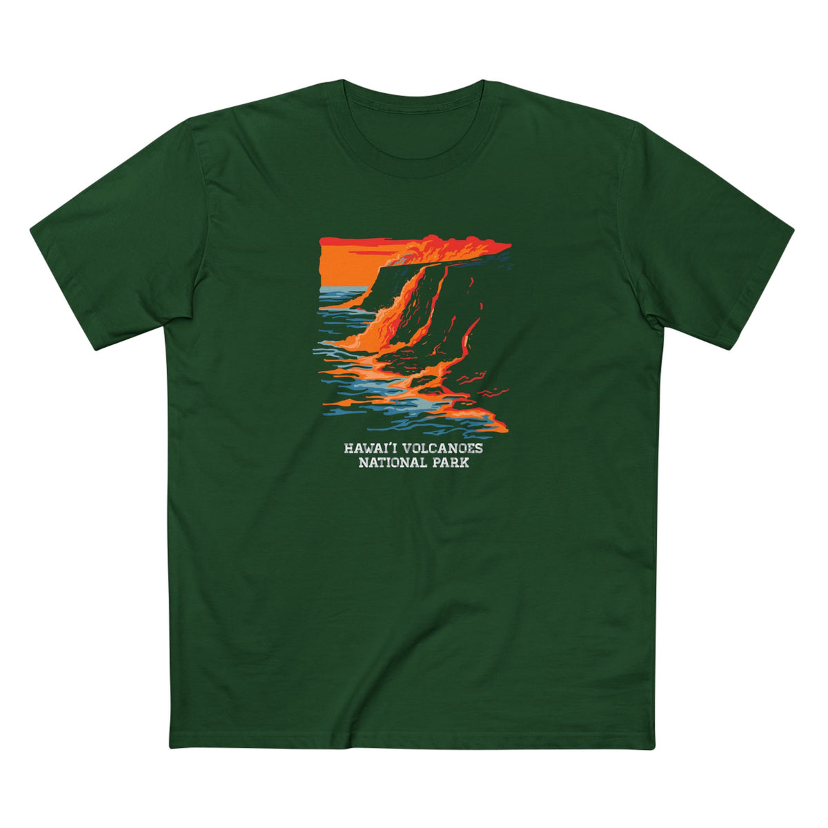 Hawaii Volcanoes National Park T-Shirt - Sea Lava Illustration in Forest Green