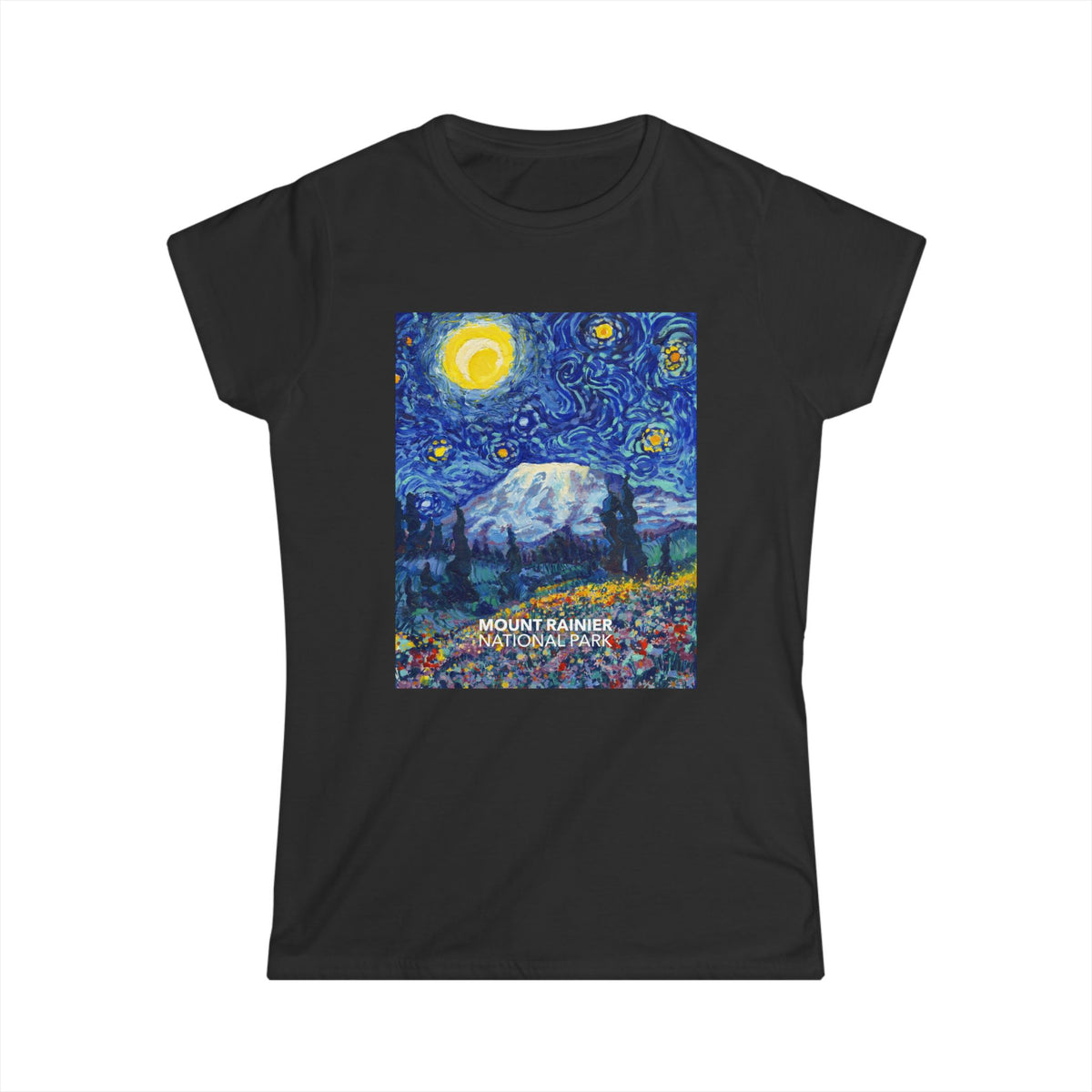 Mount Rainier National Park t-shirt featuring a Van Gogh ‘Starry Night’-style design