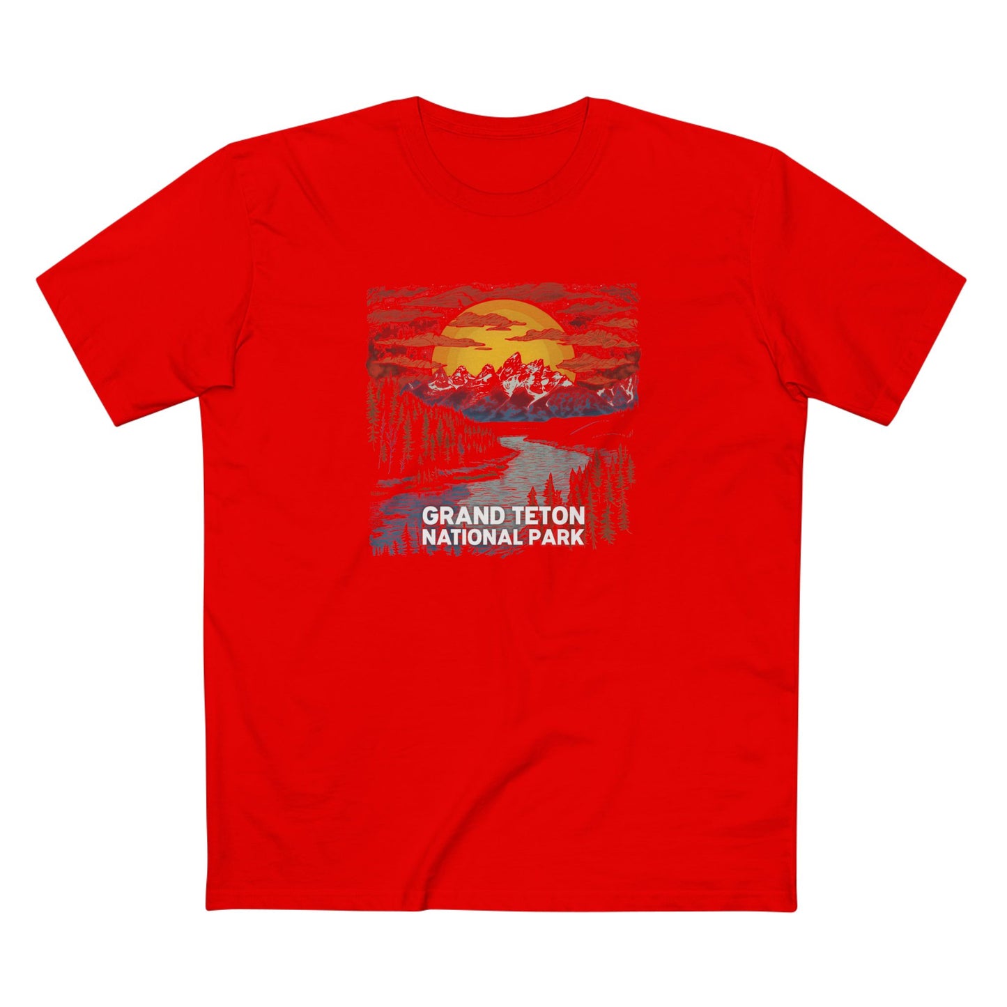 Grand Teton National Park T-Shirt - Wood Cut Design in Red