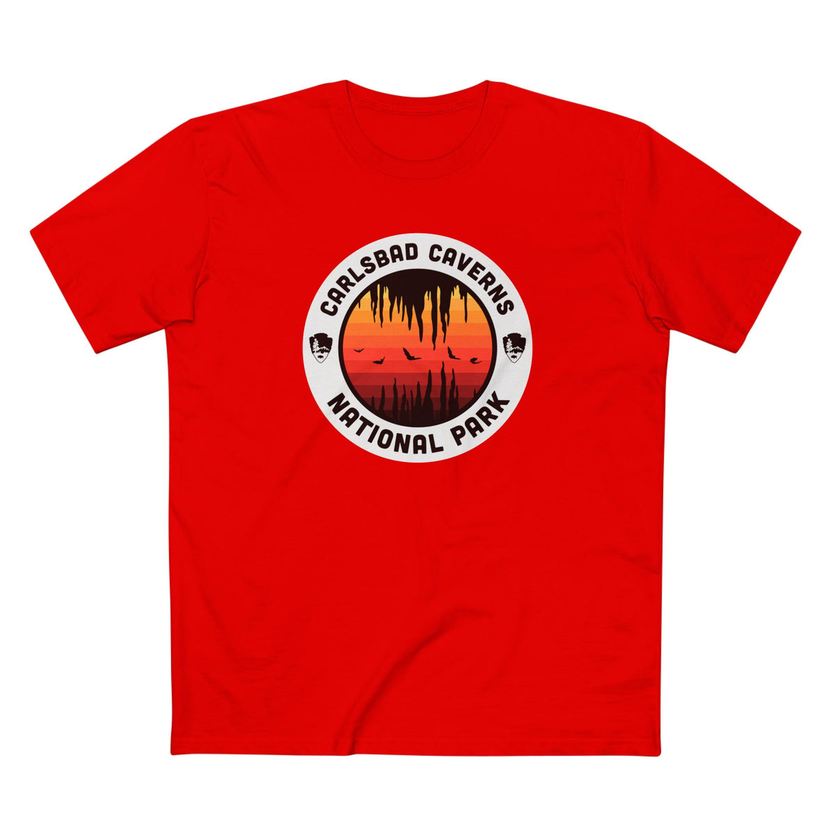 Carlsbad Caverns National Park T-Shirt - Round Badge Design Reds in Red