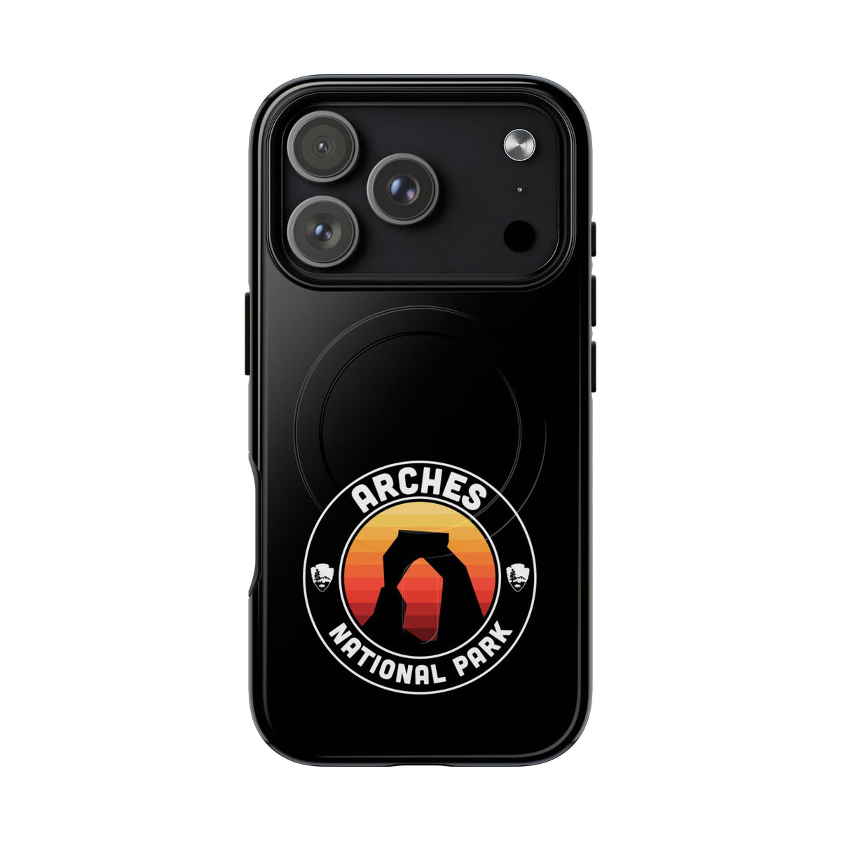 Arches National Park iPhone case with MagSafe featuring round emblem artwork.