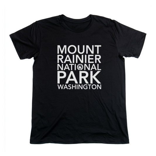 Mount Rainier National Park T-Shirt Block Text in Black