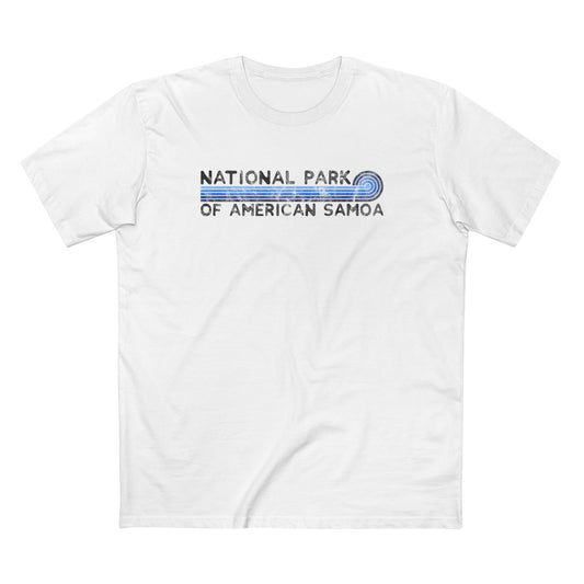 National Park of American Samoa T-Shirt - Blue Vintage Stretched Sunrise in White