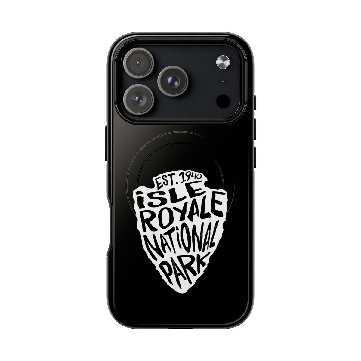 Isle Royale National Park iPhone case with MagSafe featuring arrowhead artwork.