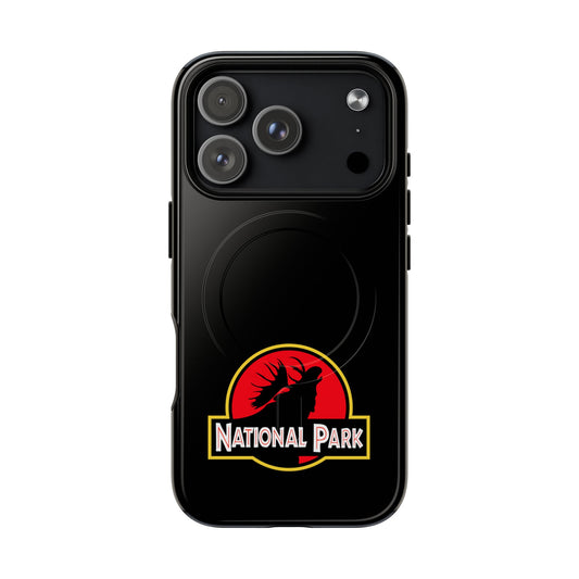 Moose National Park iPhone case with MagSafe featuring parody-logo artwork.