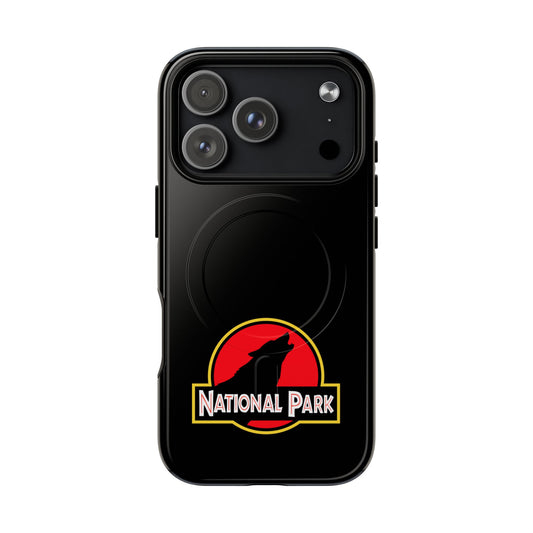 Wolf National Park iPhone case with MagSafe featuring parody-logo artwork.