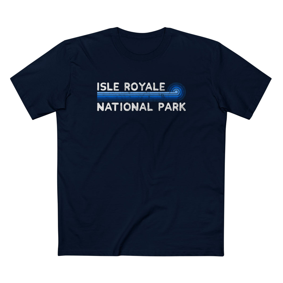 Isle Royale National Park T-Shirt - Blue Vintage Stretched Sunrise in Navy