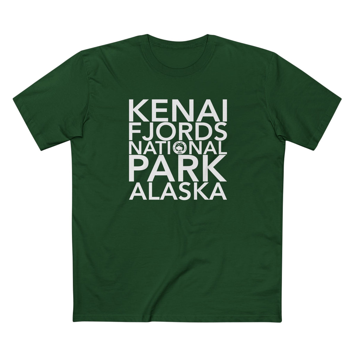 Kenai Fjords National Park T-Shirt Block Text in Forest Green