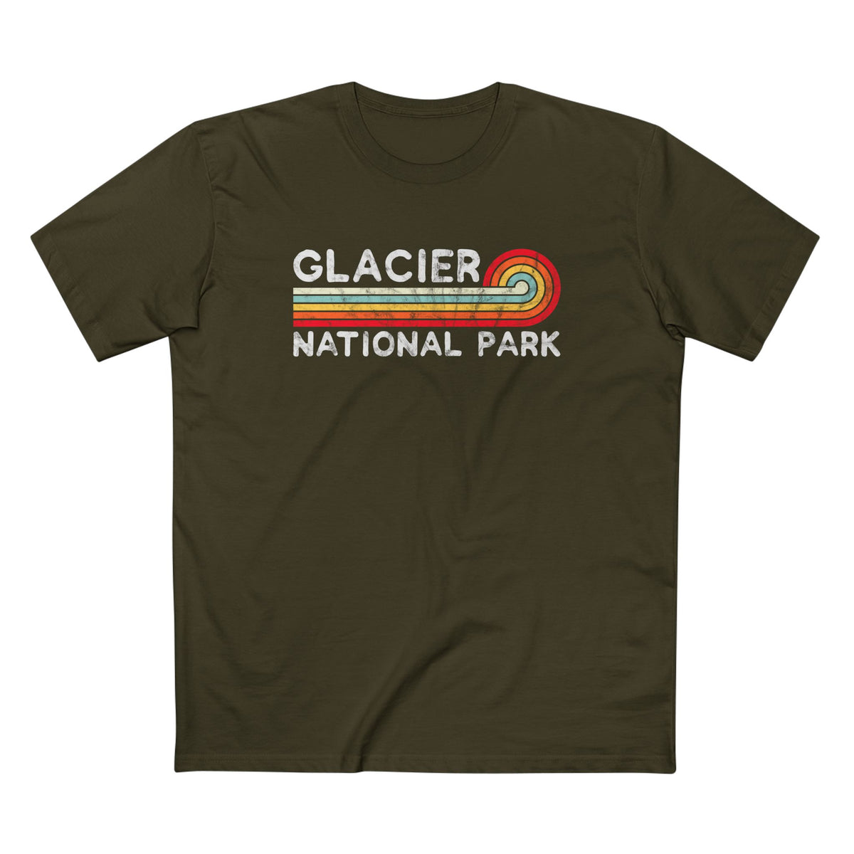 Glacier National Park T-Shirt - Vintage Stretched Sunrise in Army