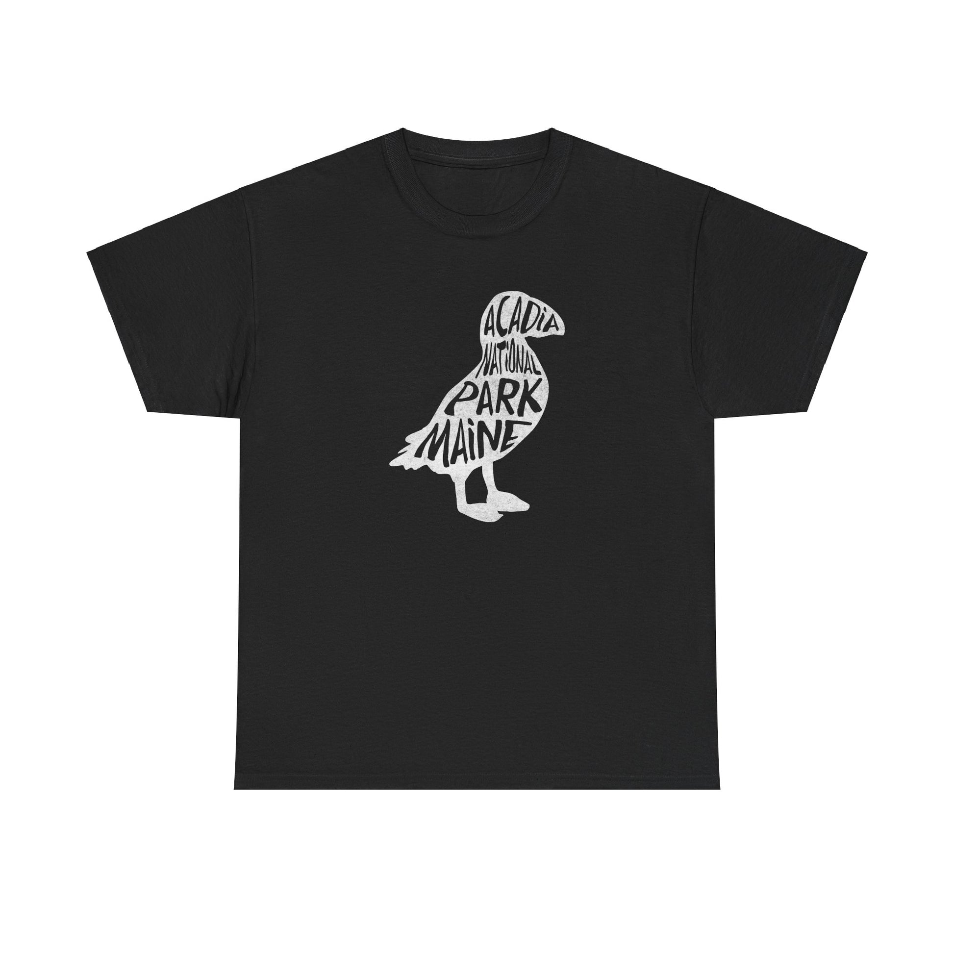 Acadia National Park Women's t-shirt featuring a puffin silhouette