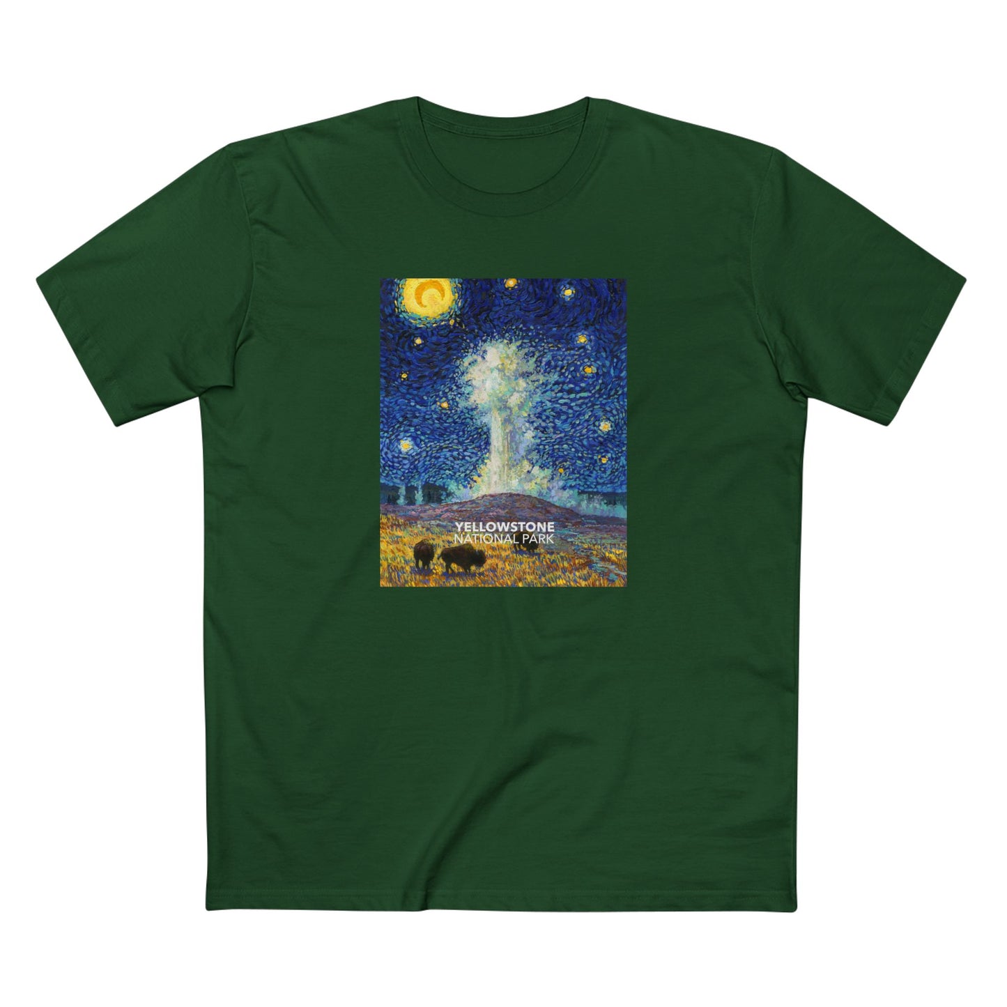 Yellowstone National Park T-Shirt - Old Faithful Starry Night in Forest Green