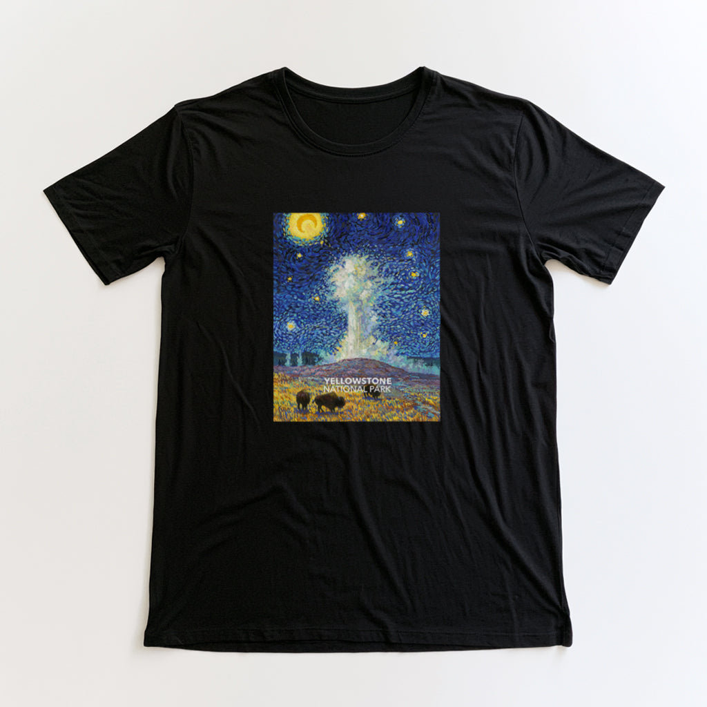 Yellowstone National Park T-Shirt - Old Faithful Starry Night in Black