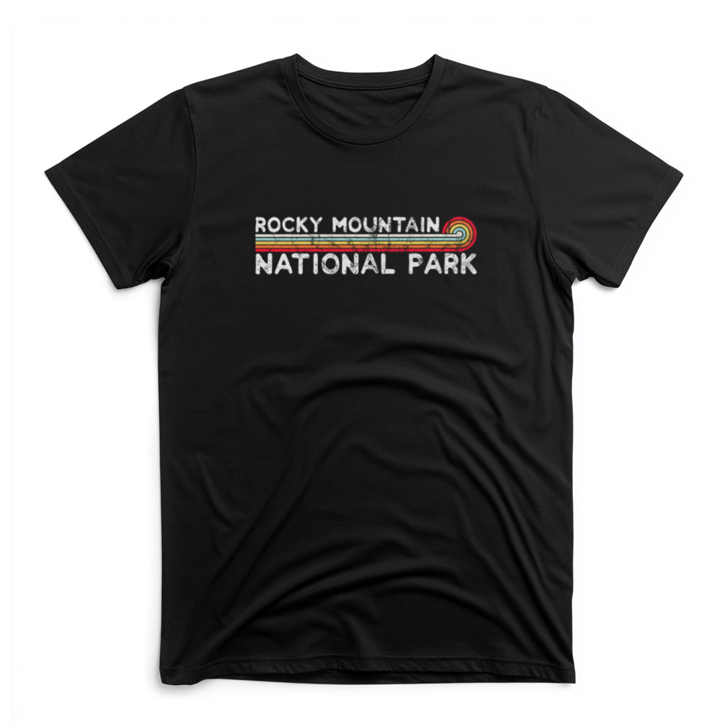Rocky Mountain National Park T-Shirt - Vintage Stretched Sunrise in Black