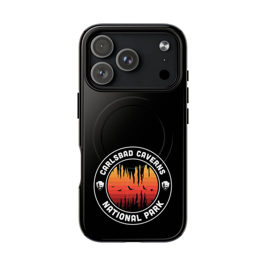 Carlsbad Caverns National Park iPhone case with MagSafe featuring orange round emblem artwork.