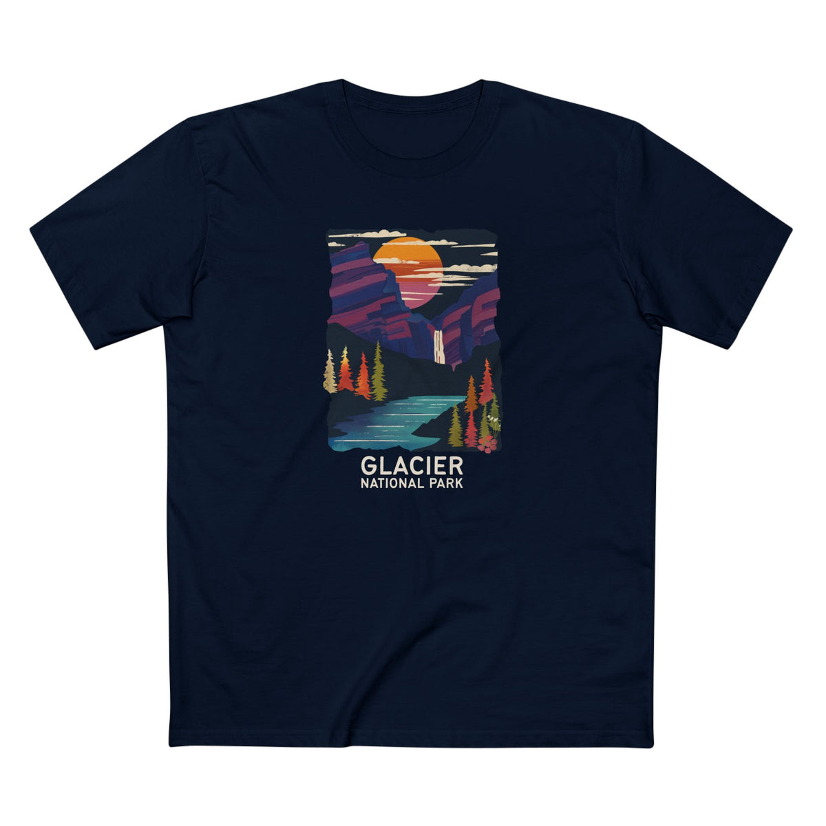 Glacier National Park T-Shirt - Waterfalls in Navy