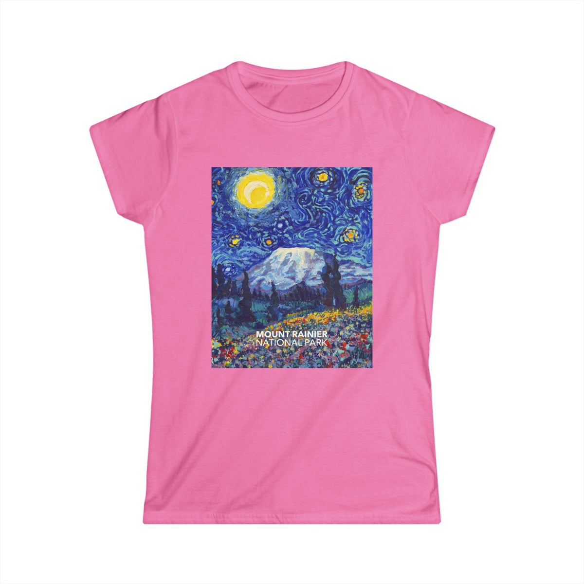 Mount Rainier National Park t-shirt showcasing a Van Gogh ‘Starry Night’-style design