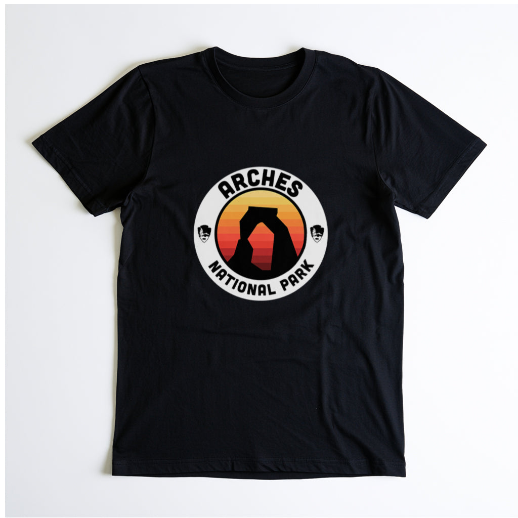 Arches National Park T-Shirt - Round Badge Design in Black