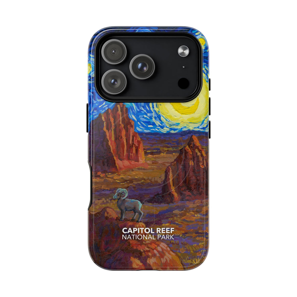 Capitol Reef National Park iPhone case with MagSafe featuring Starry Night artwork.