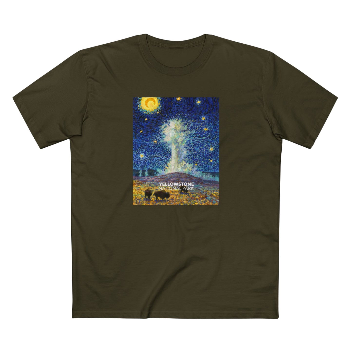 Yellowstone National Park T-Shirt - Old Faithful Starry Night in Army