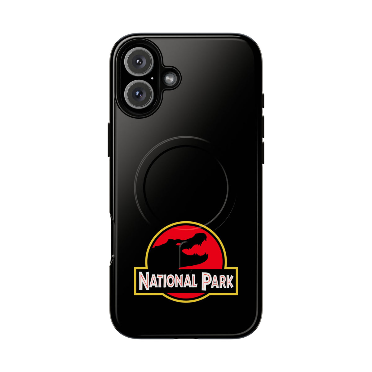Everglades National Park magnetic iPhone 16 Plus case with red and yellow parody logo on black background