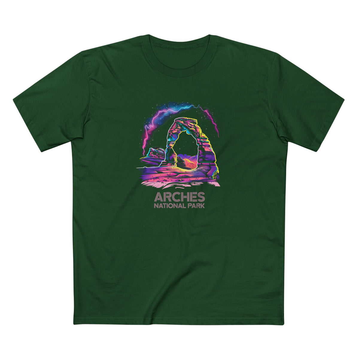 Arches National Park T-Shirt - 80s Neon Design in Forest Green