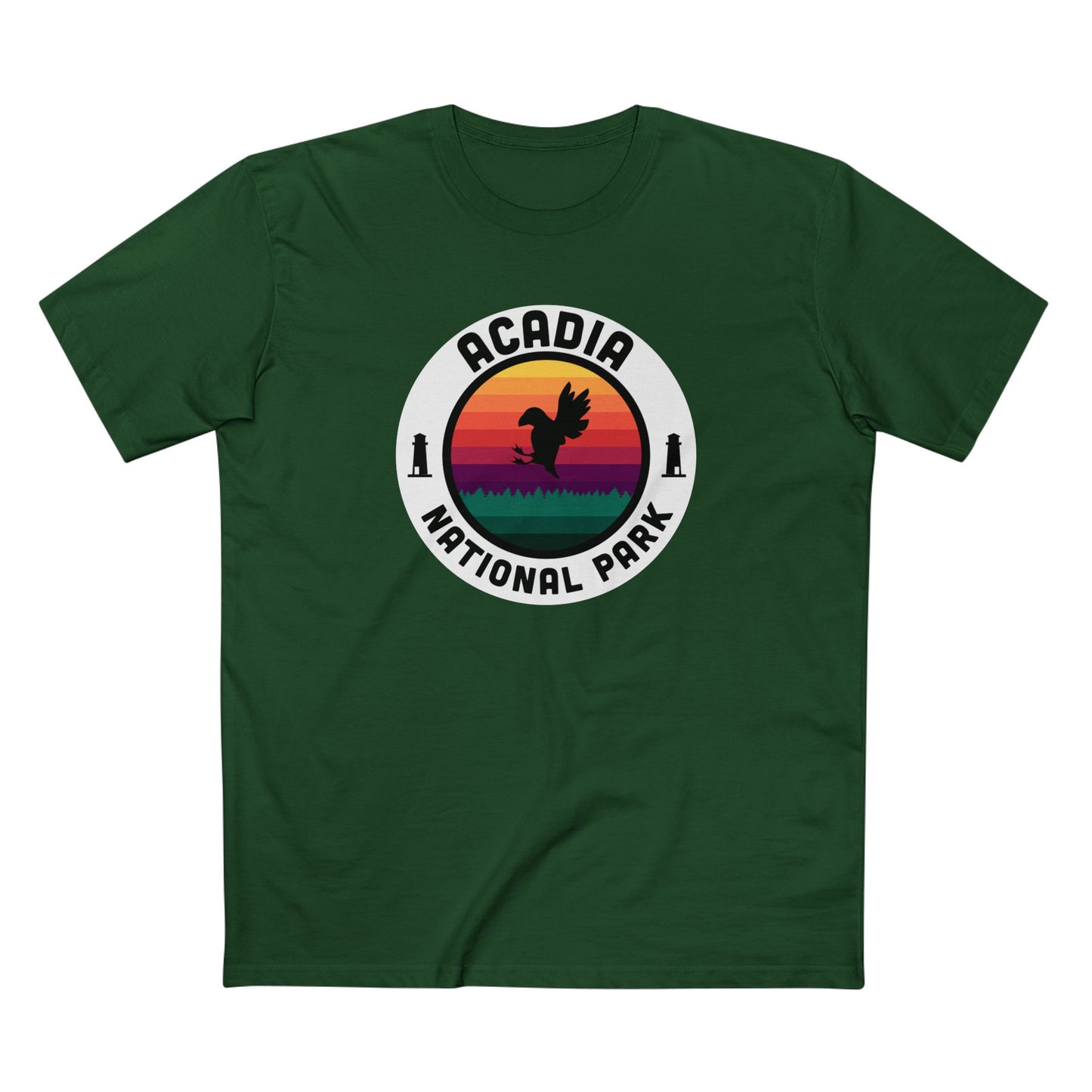 Acadia National Park T-Shirt - Round Badge Design in Forest Green