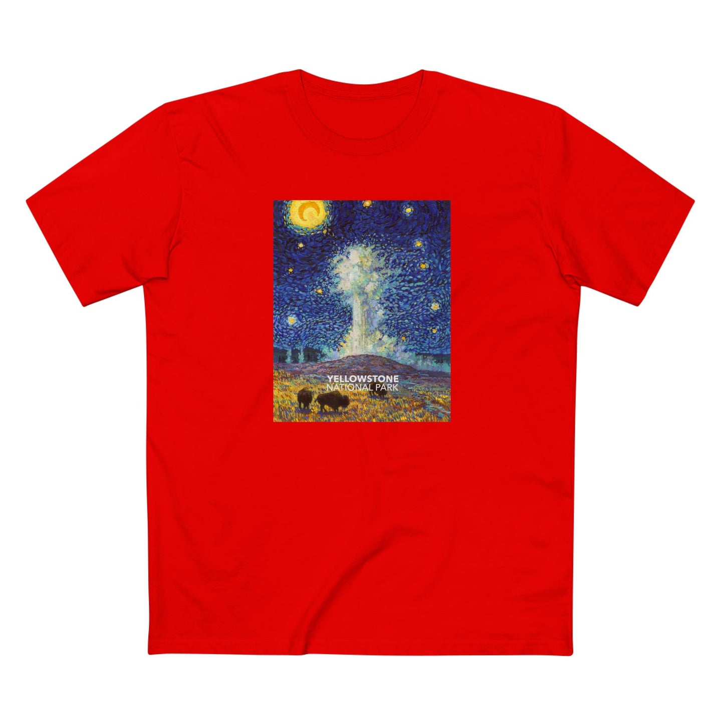 Yellowstone National Park T-Shirt - Old Faithful Starry Night in Red