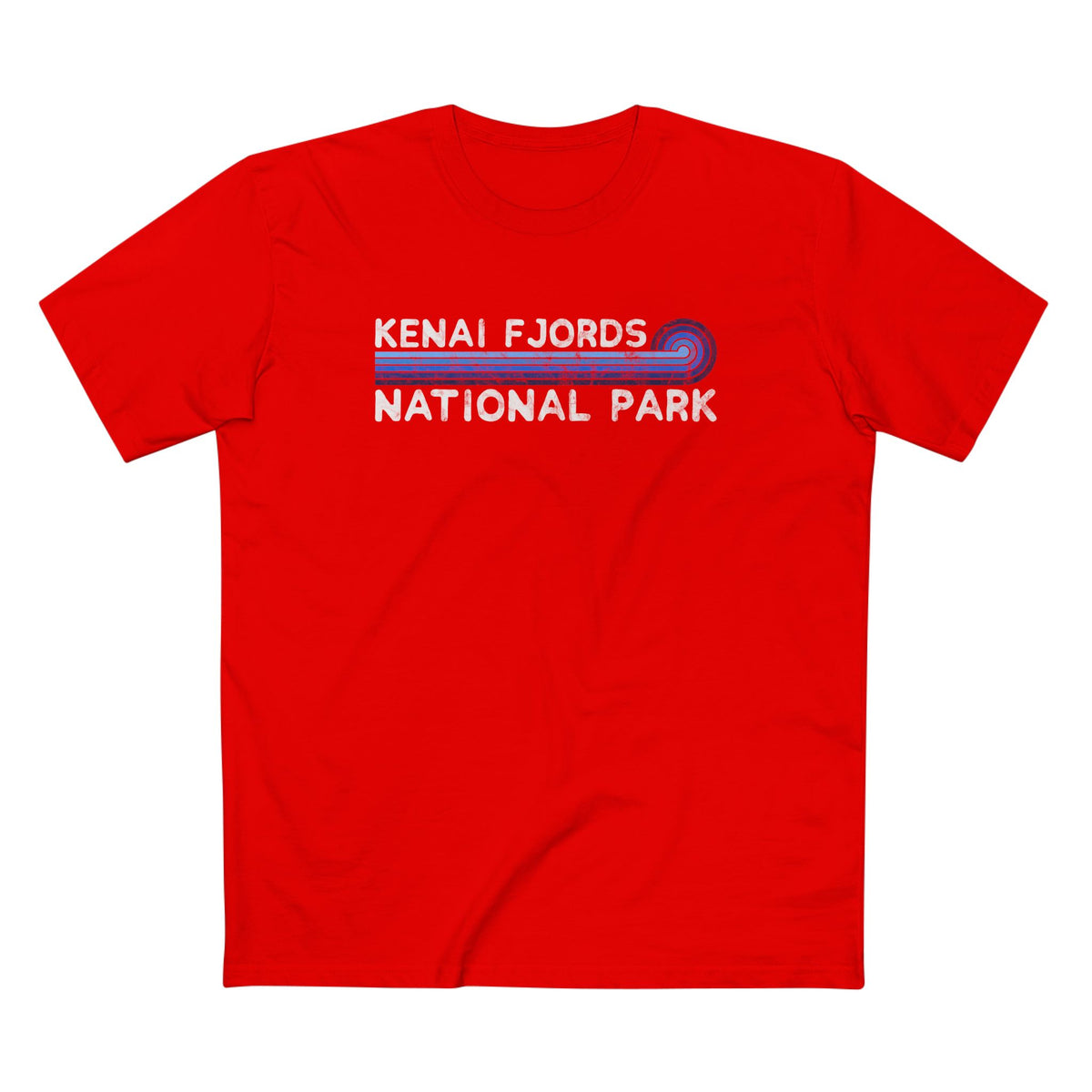 Kenai Fjords National Park T-Shirt - Blue Vintage Stretched Sunrise in Red