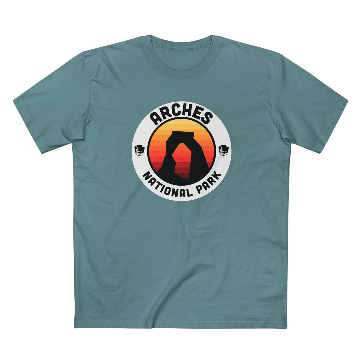 Arches National Park T-Shirt - Round Badge Design in Slate Blue