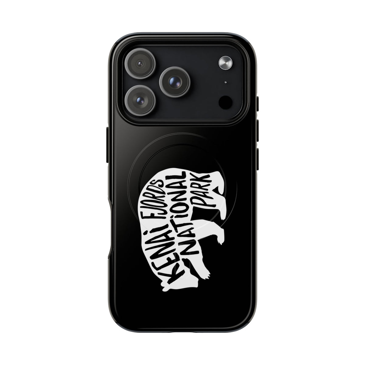 Kenai Fjords National Park iPhone case with MagSafe featuring grizzly bear artwork.