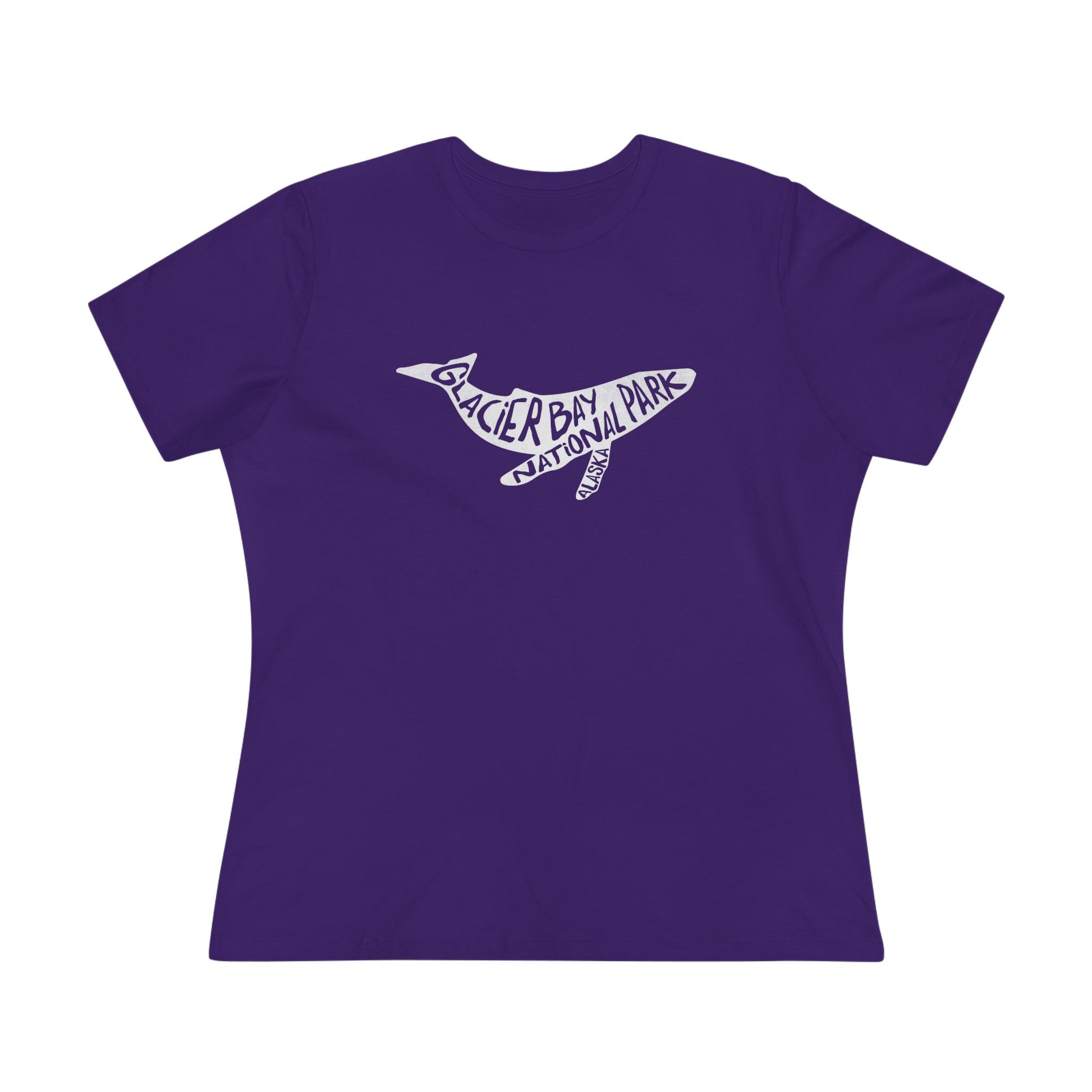 Glacier Bay National Park Women's t-shirt — whale silhouette — front view in purple