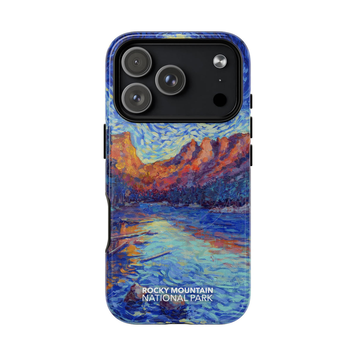 Rocky Mountain National Park iPhone case with MagSafe featuring Starry Night artwork.