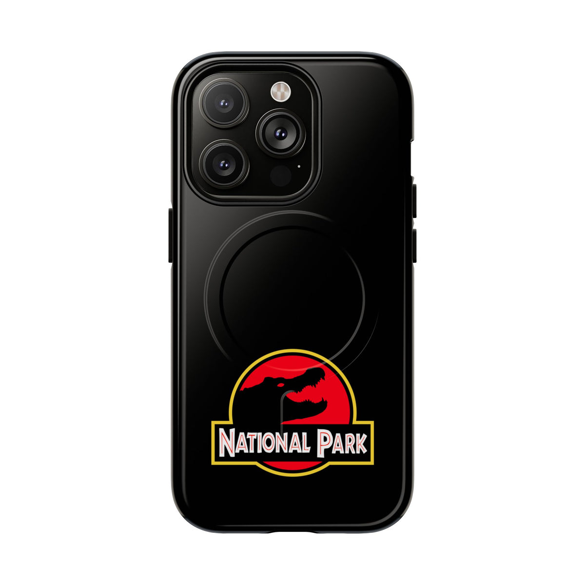 Everglades National Park magnetic iPhone 14 Pro case with red and yellow parody logo on black background