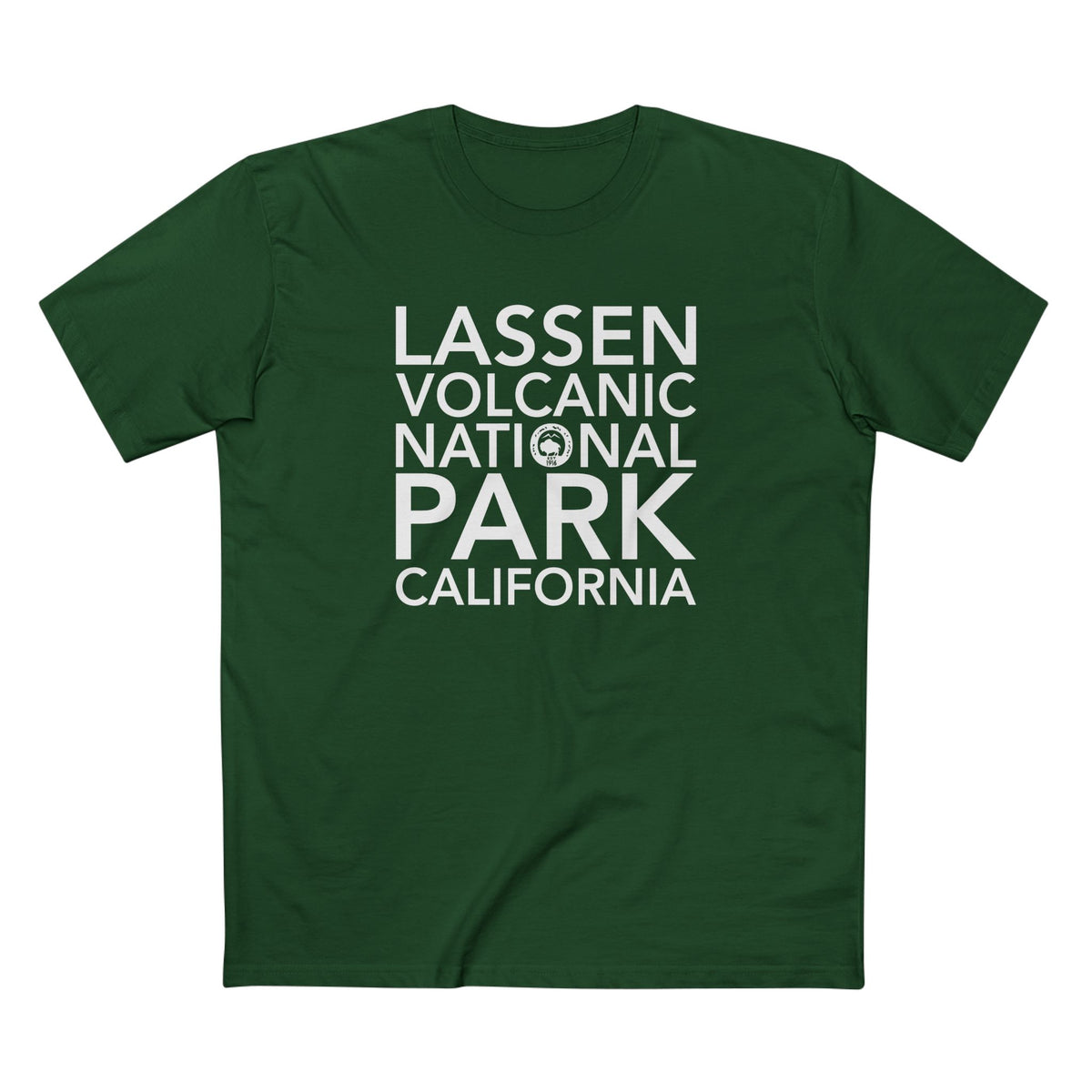 Lassen Volcanic National Park T-Shirt Block Text in Forest Green