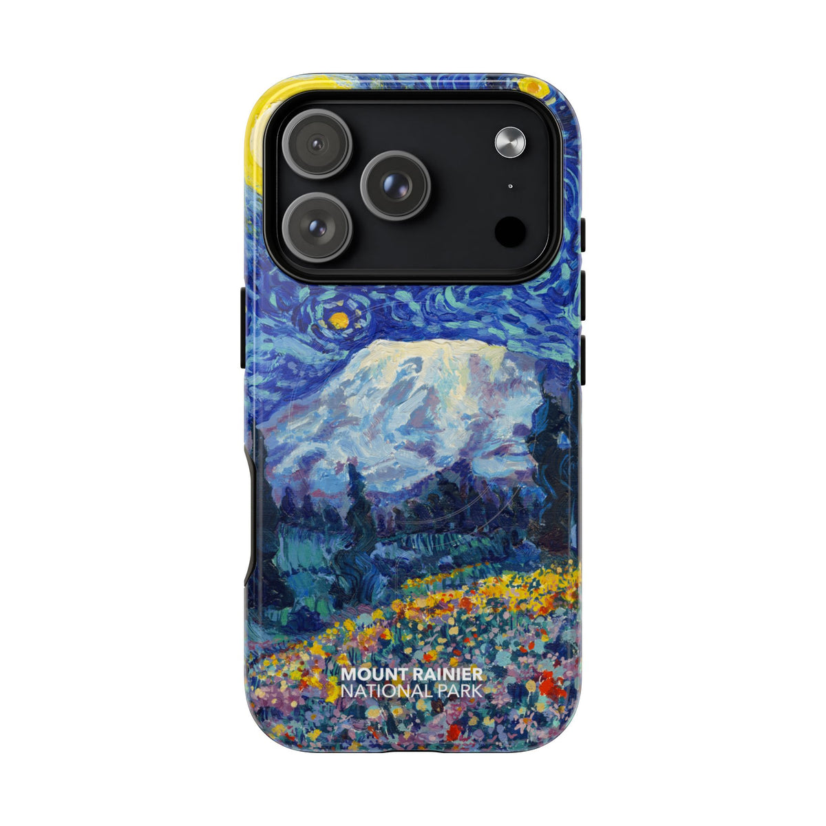 Mount Rainier National Park iPhone case with MagSafe featuring Starry Night artwork.