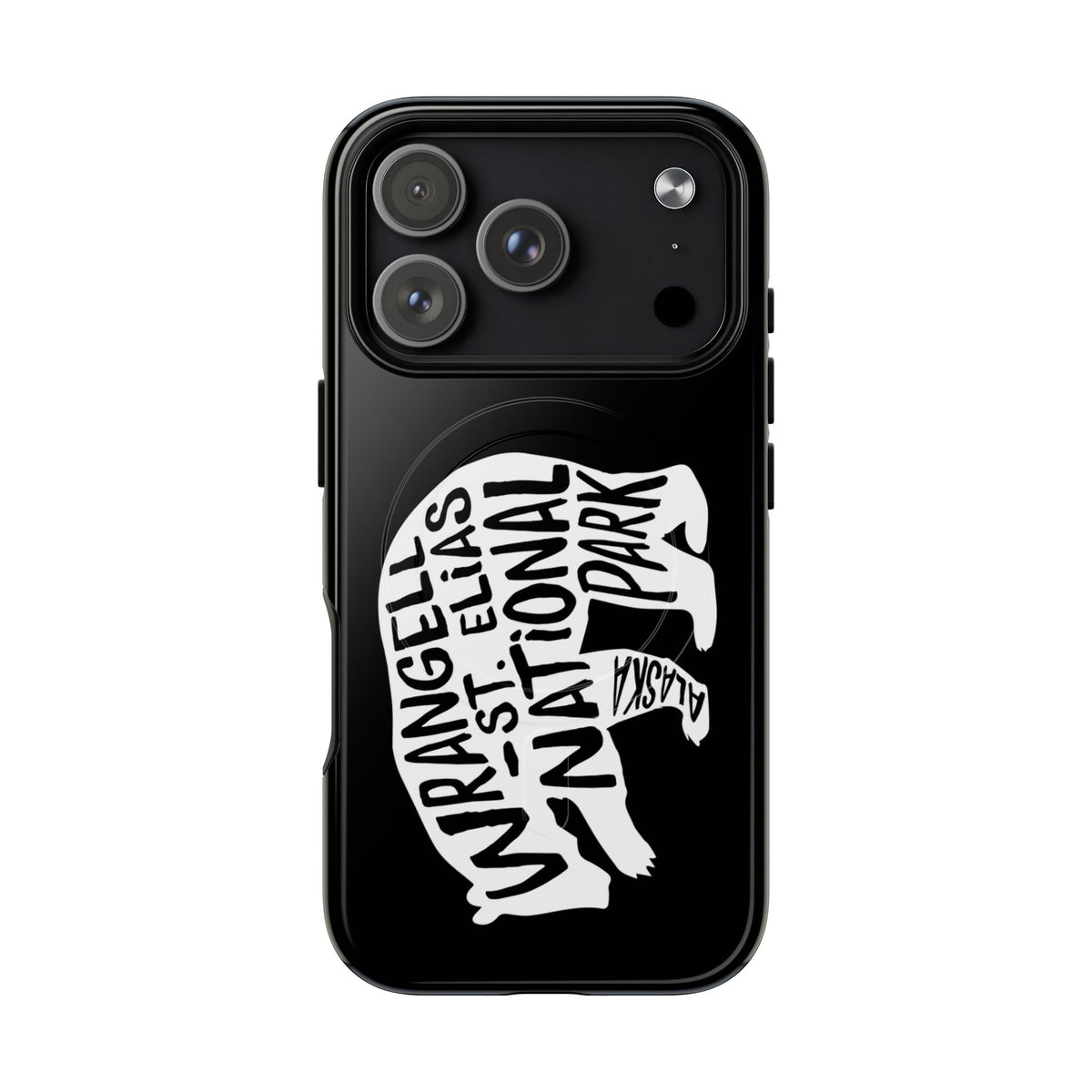 Wrangell - St. Elias National Park iPhone case with MagSafe featuring grizzly bear artwork.