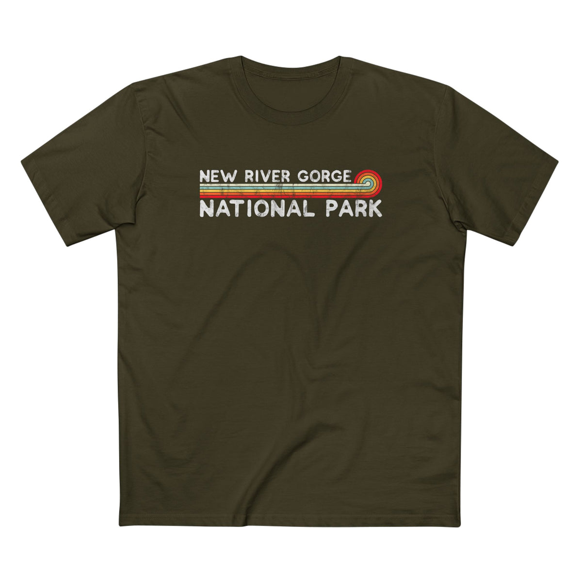 New River Gorge National Park T-Shirt - Vintage Stretched Sunrise in Army