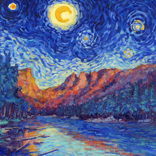 Starry night painting of mountains reflected in a lake at Rocky Mountain National Park, featured in the 2027 Signature Edition calendar.