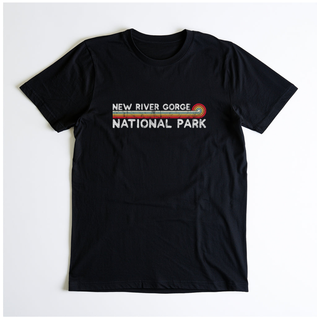 New River Gorge National Park T-Shirt - Vintage Stretched Sunrise in Black