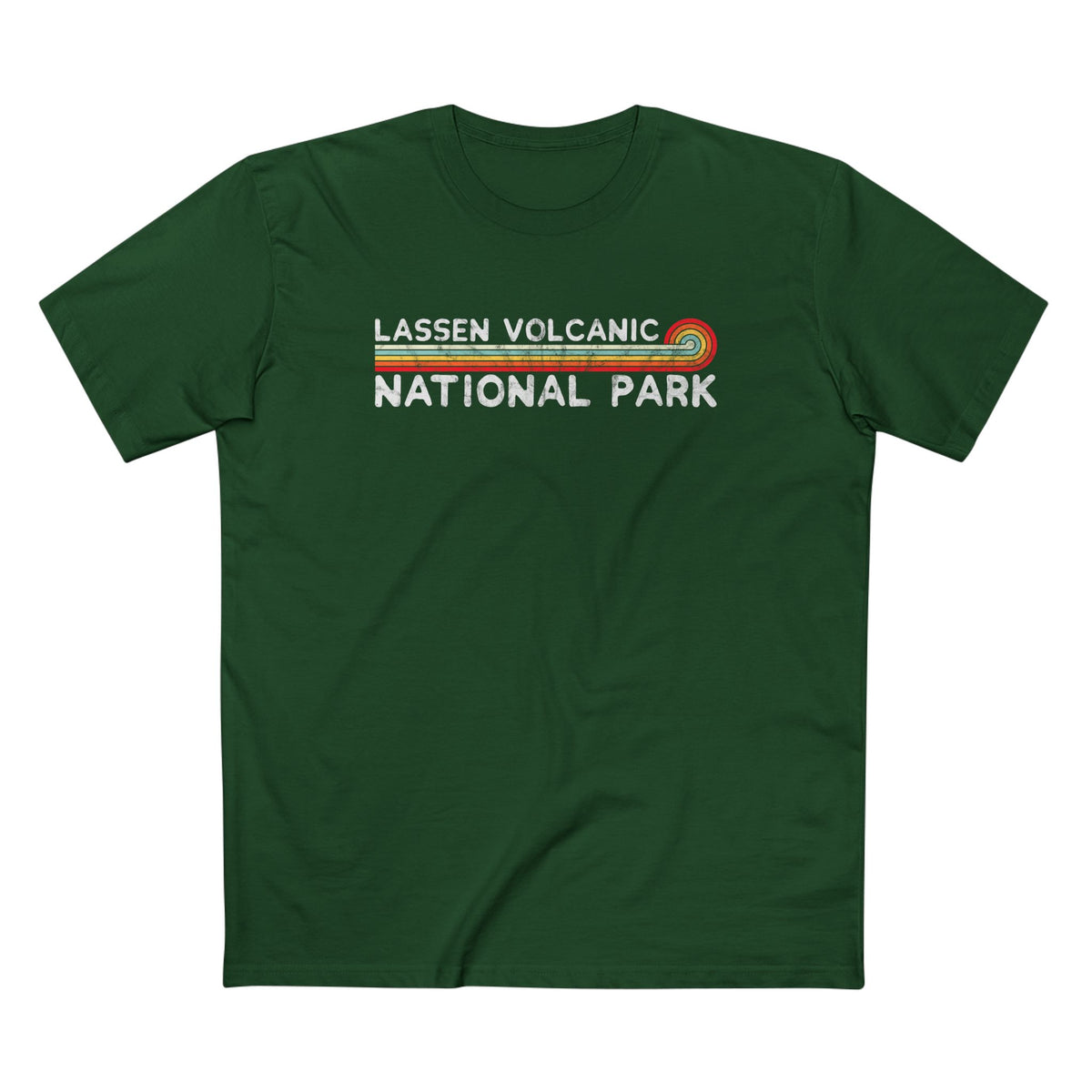 Lassen Volcanic National Park T-Shirt - Vintage Stretched Sunrise in Forest Green