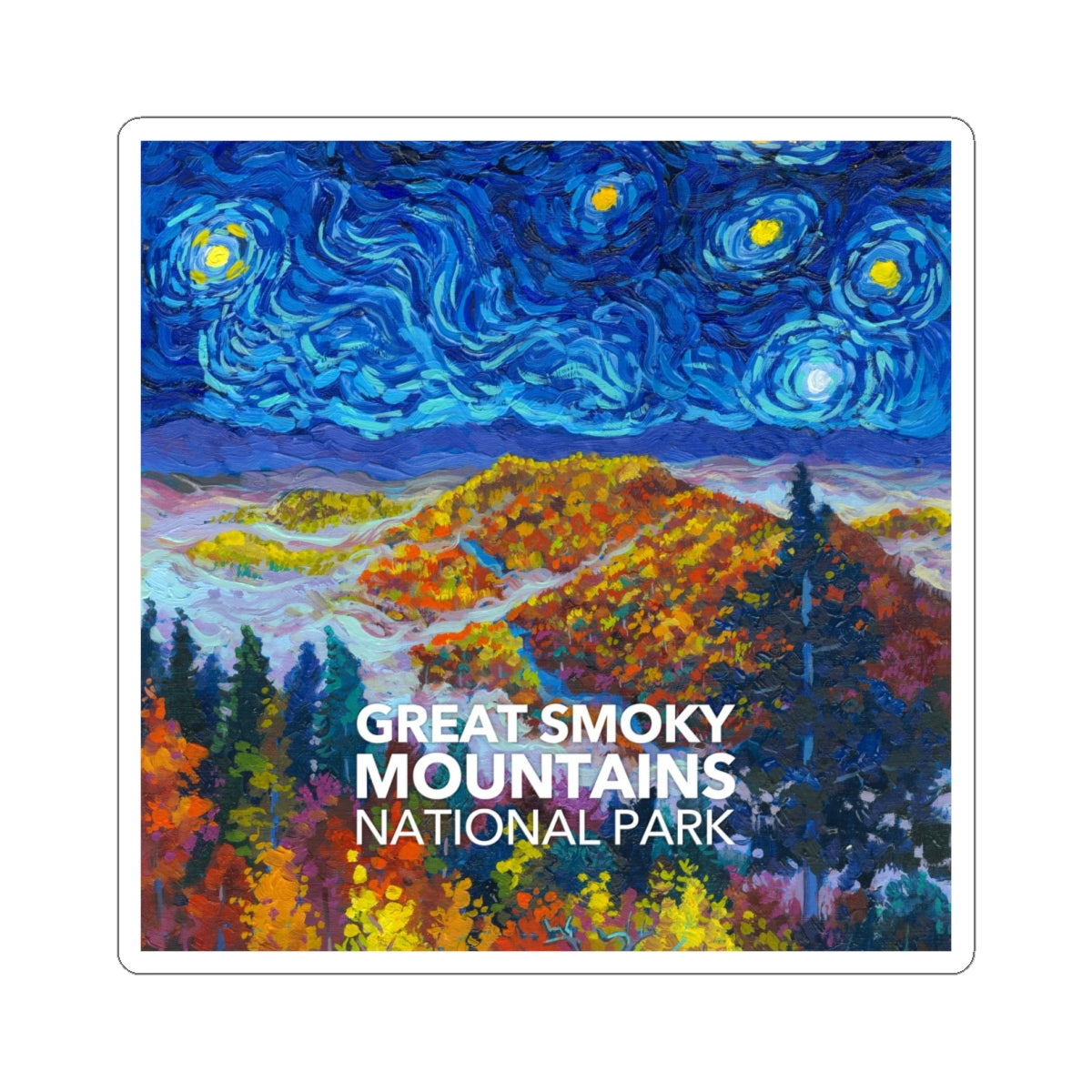 Great Smoky Mountains National Park sticker with a Van Gogh ‘Starry Night’-style design