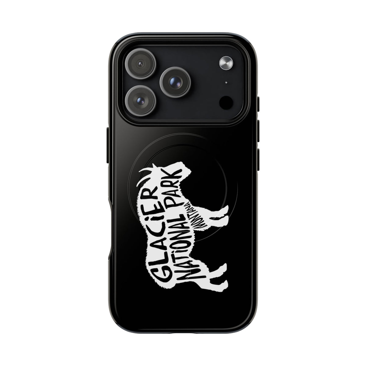 Glacier National Park iPhone case with MagSafe featuring mountain goat artwork.