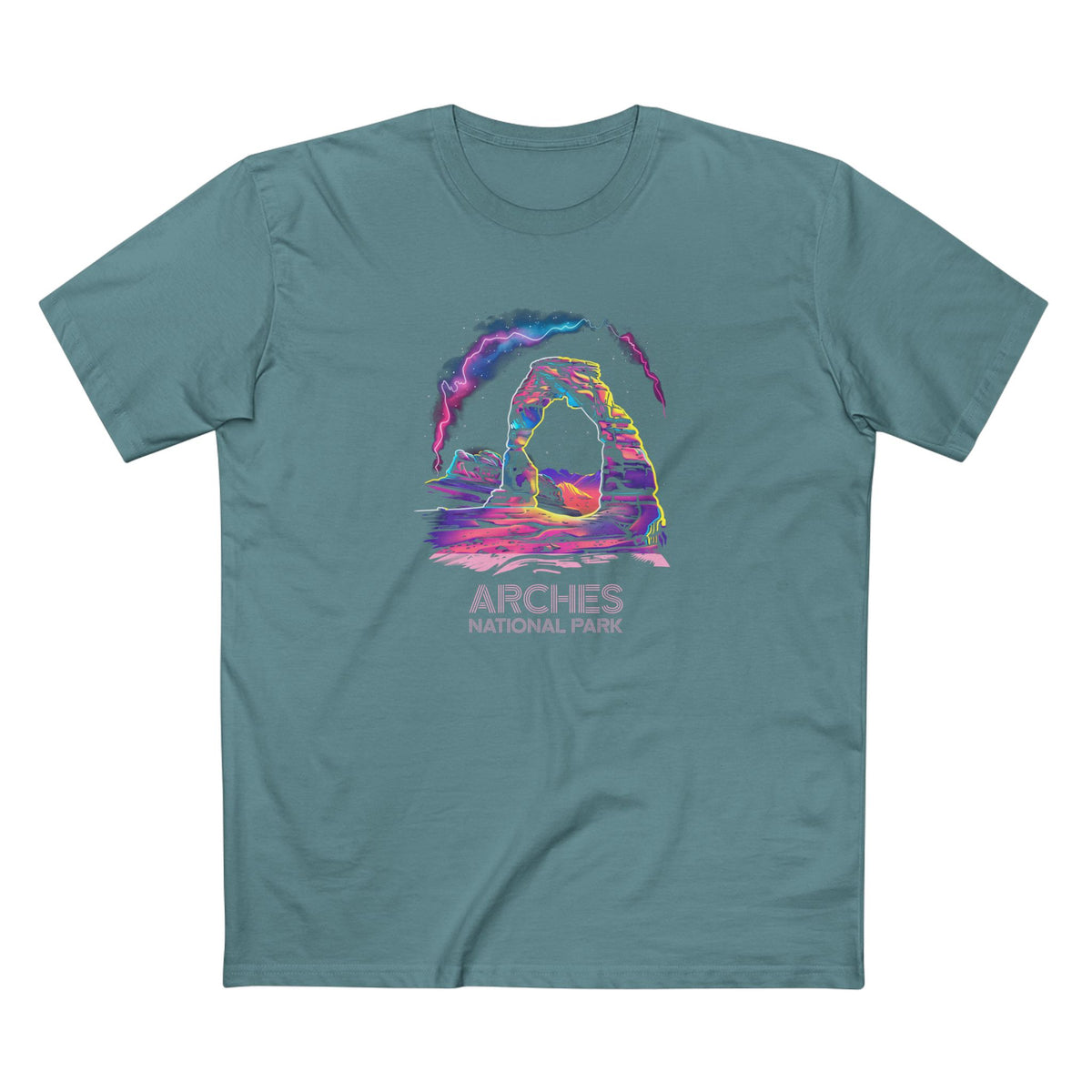 Arches National Park T-Shirt - 80s Neon Design in Slate Blue