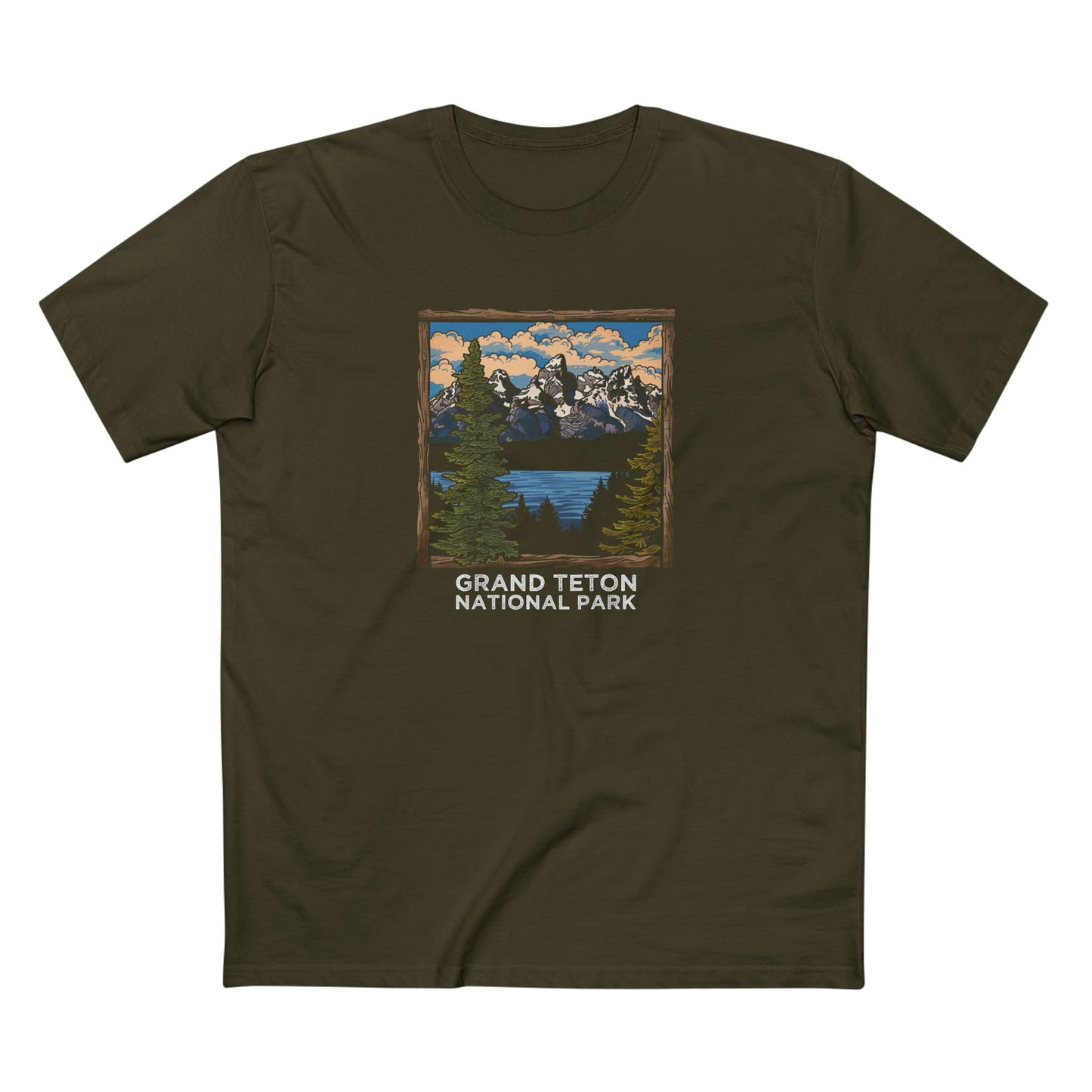 Grand Teton National Park T-Shirt - Wood Frame Design in Army
