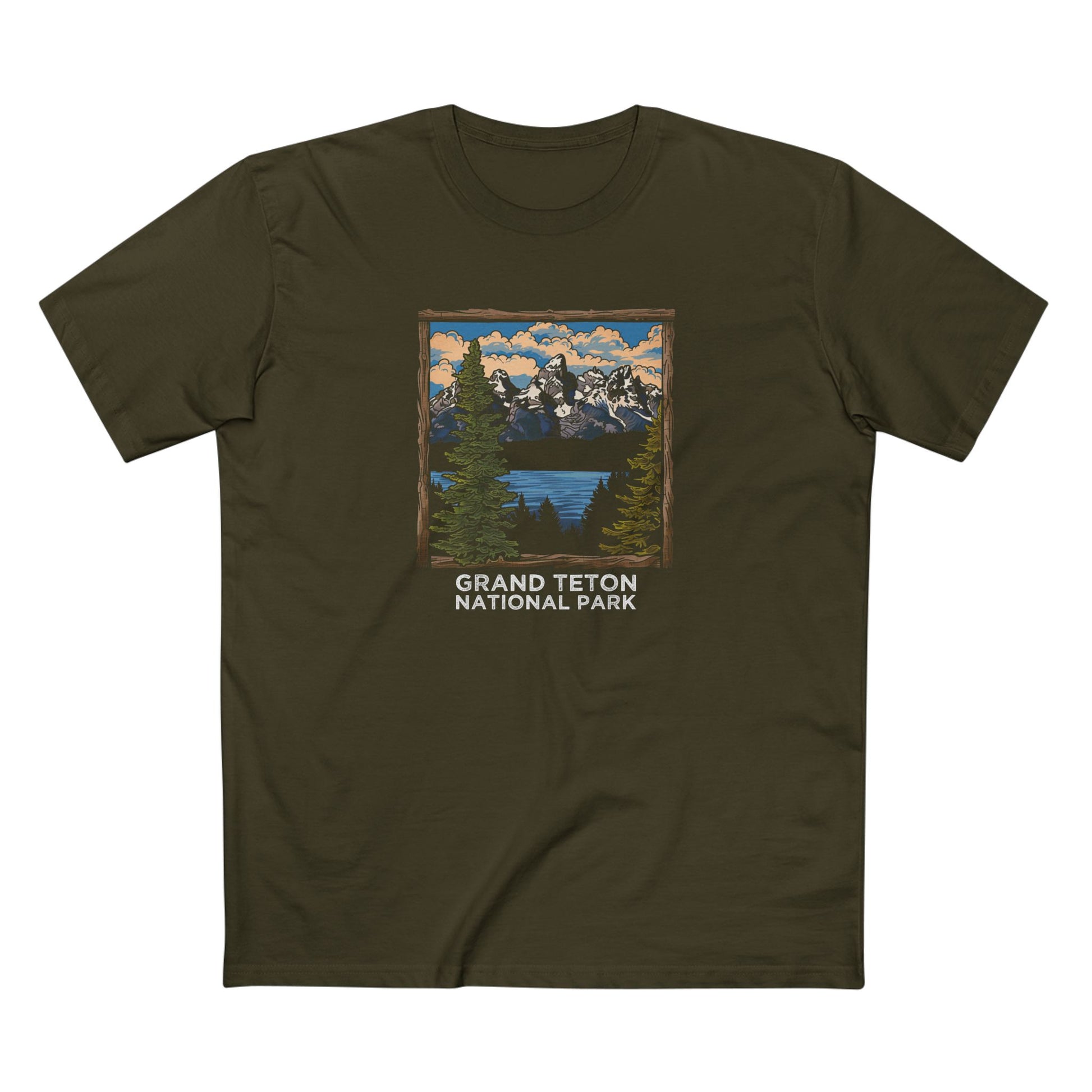 Grand Teton National Park T-Shirt - Wood Frame Design in Army